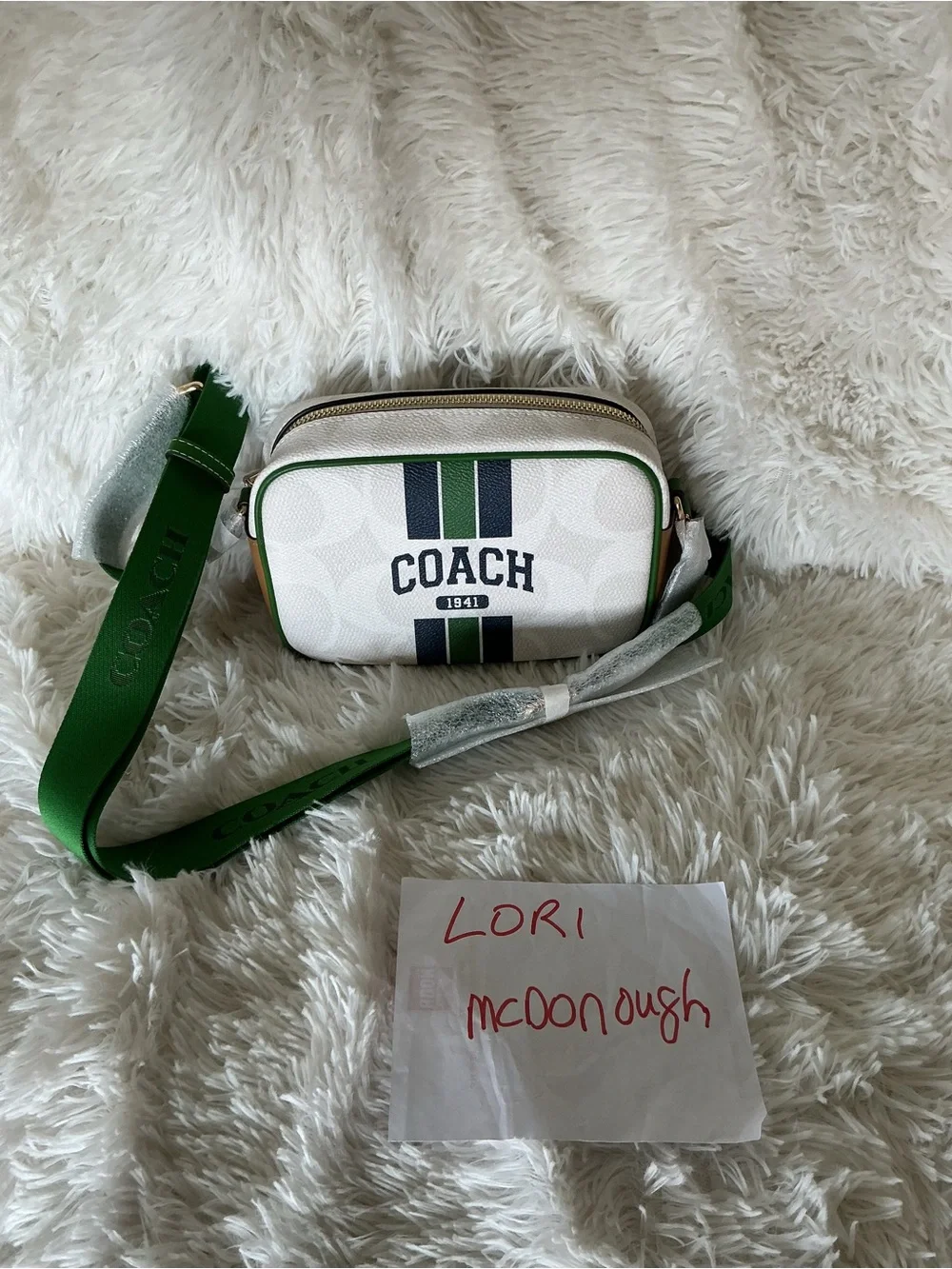 Coach mini Varsity White Crossbody with Green and Navy Stripe Accents